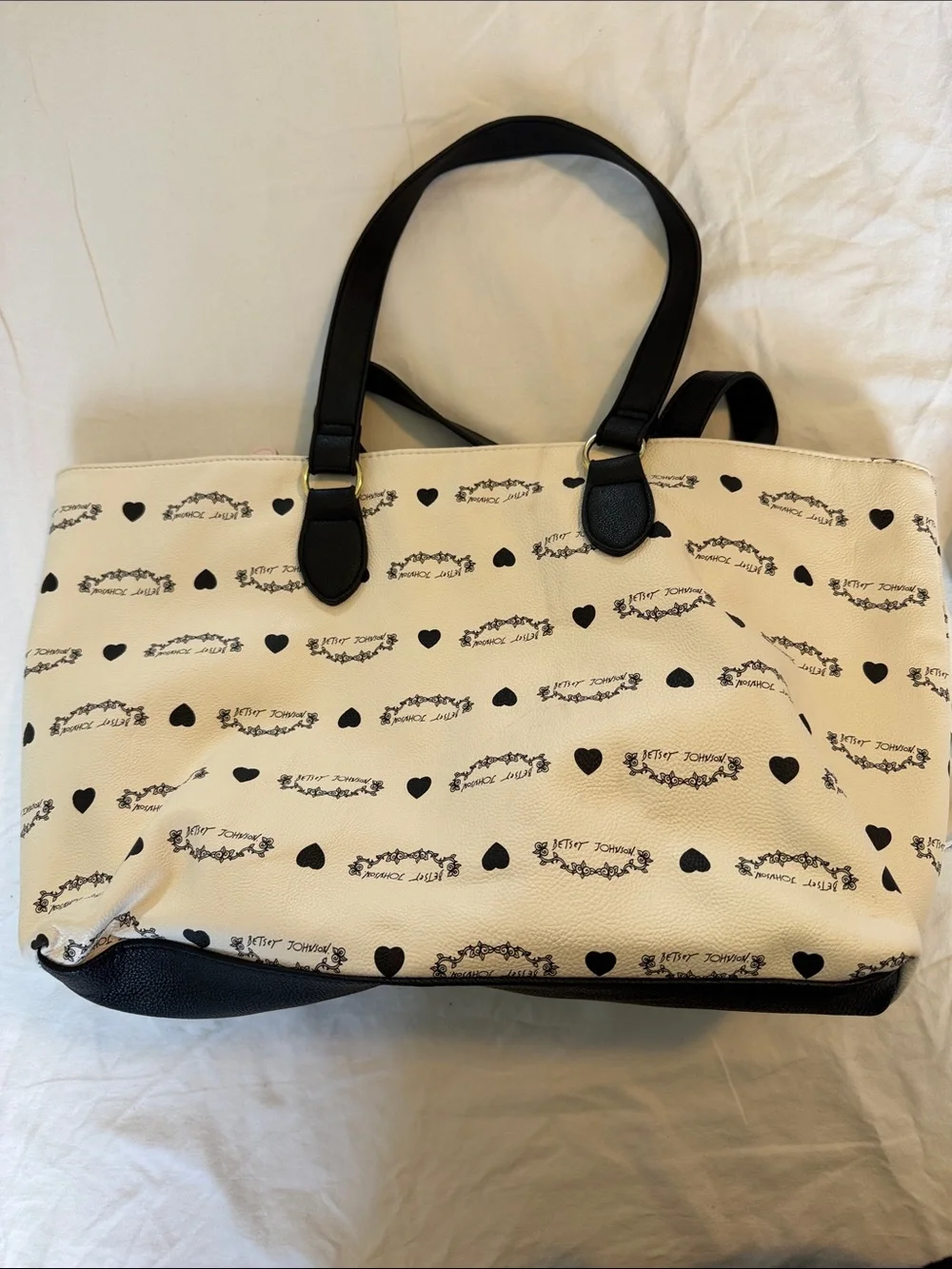 Betsey Johnson Cream and Black Logo Heart Tote with Floral Rose Interior - Picture 6 of 8
